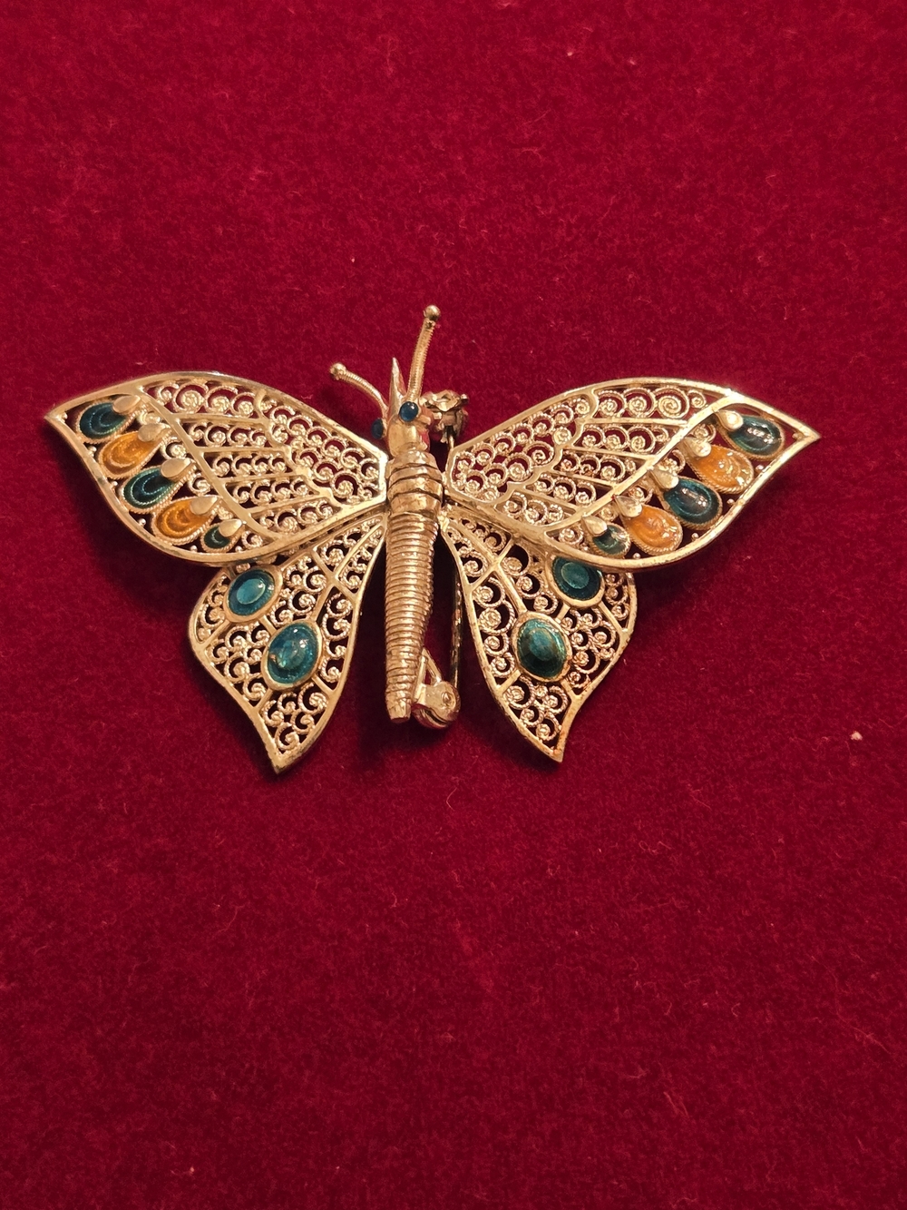Gold Butterfly Brooch with Teal and Amber Cabochons